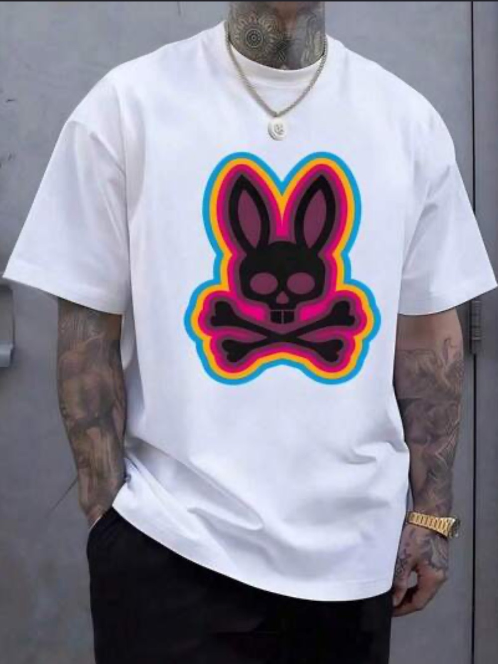 Men's White Short-Sleeve Tee with Neon Bunny Skull Graphic
